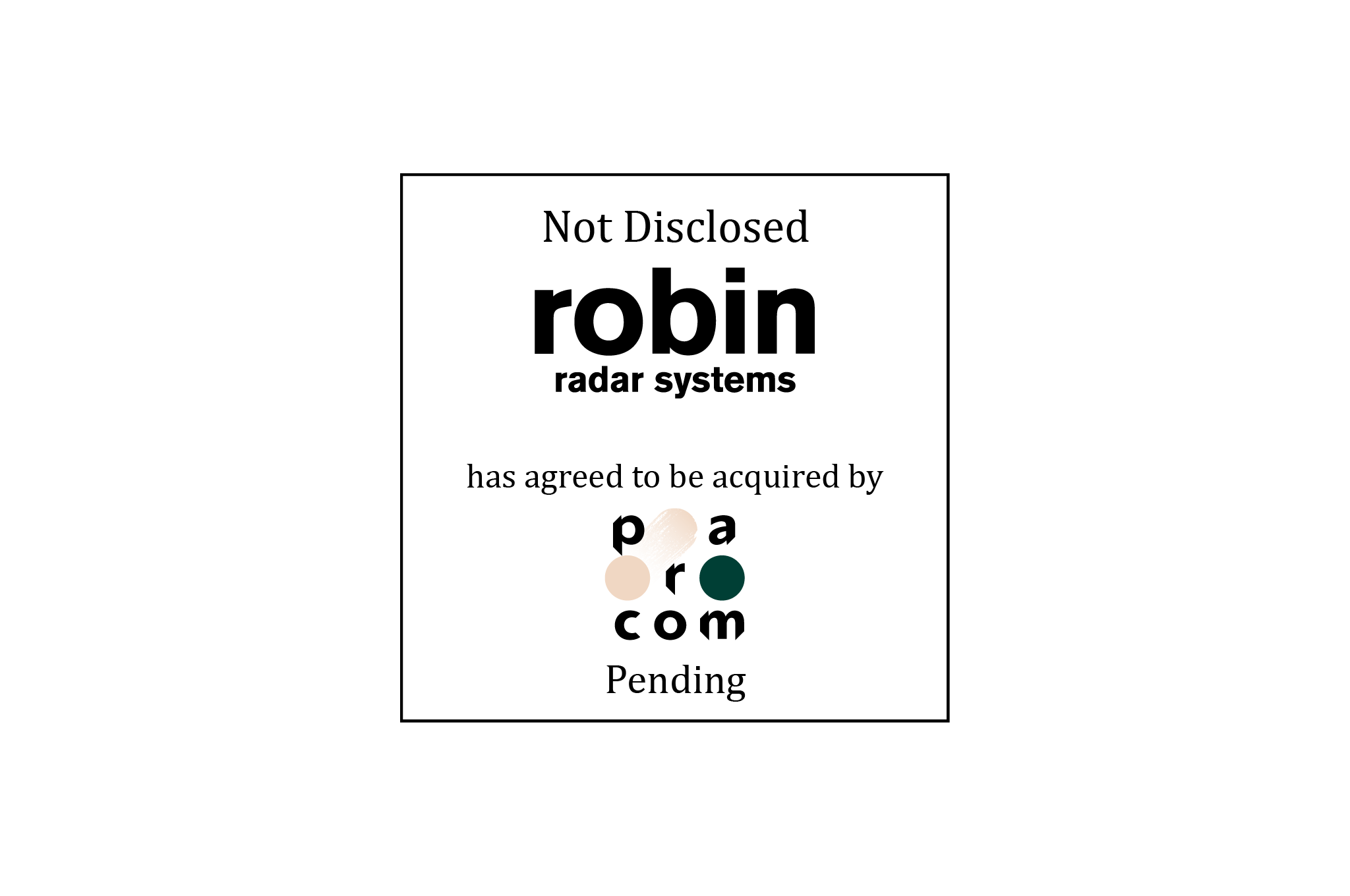 Tombstone: Not disclosed | Robin Radar Systems (logo) has agreed to be acquired by Parcom (logo) | Pending